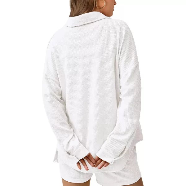imageBTFBM Women 2 Piece Lounge Sets Button Down Shirt And Elastic Waist Shorts Casual Waffle Knit Fall Outfits with PocketSolid White