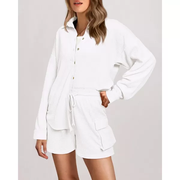 imageBTFBM Women 2 Piece Lounge Sets Button Down Shirt And Elastic Waist Shorts Casual Waffle Knit Fall Outfits with PocketSolid White