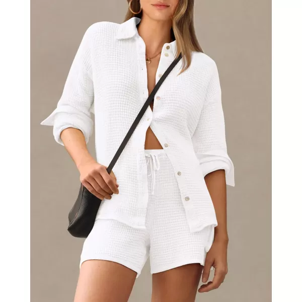 imageBTFBM Women 2 Piece Lounge Sets Button Down Shirt And Elastic Waist Shorts Casual Waffle Knit Fall Outfits with PocketSolid White