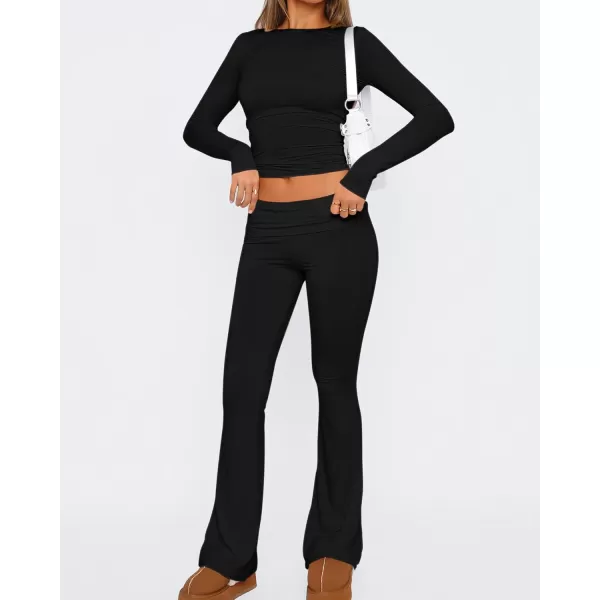 imageBTFBM Women 2 Piece Lounge Sets Fold Over Yoga Pants Long Sleeve Cropped Top Matching Set Two Piece Tracksuit PajamasSolid Black
