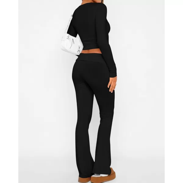 imageBTFBM Women 2 Piece Lounge Sets Fold Over Yoga Pants Long Sleeve Cropped Top Matching Set Two Piece Tracksuit PajamasSolid Black