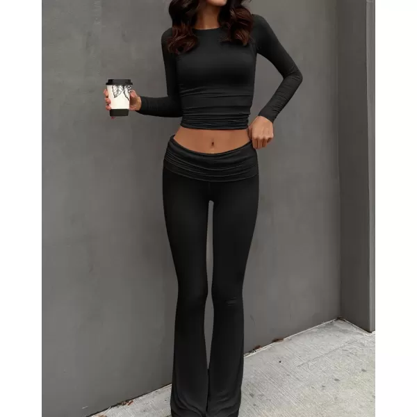 imageBTFBM Women 2 Piece Lounge Sets Fold Over Yoga Pants Long Sleeve Cropped Top Matching Set Two Piece Tracksuit PajamasSolid Black