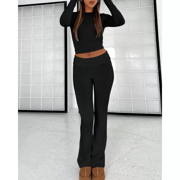 imageBTFBM Women 2 Piece Lounge Sets Fold Over Yoga Pants Long Sleeve Cropped Top Matching Set Two Piece Tracksuit PajamasSolid Black