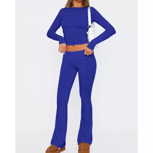 imageBTFBM Women 2 Piece Lounge Sets Fold Over Yoga Pants Long Sleeve Cropped Top Matching Set Two Piece Tracksuit PajamasSolid Brilliant Blue