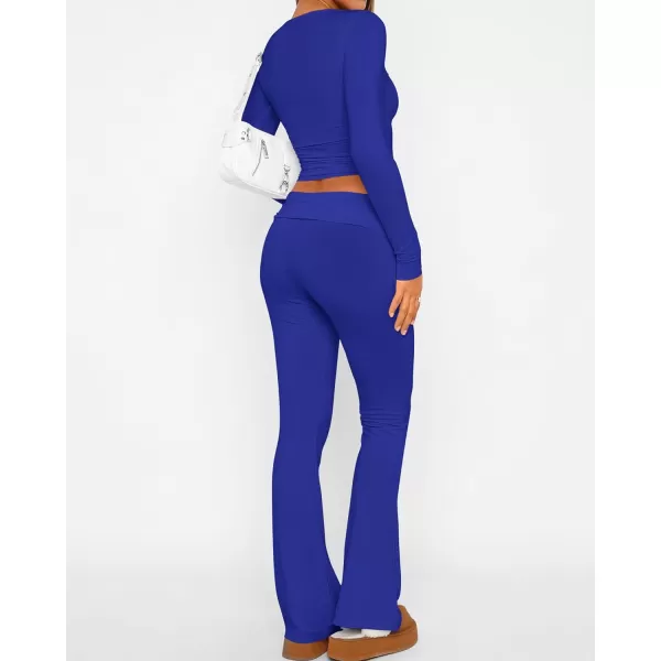 imageBTFBM Women 2 Piece Lounge Sets Fold Over Yoga Pants Long Sleeve Cropped Top Matching Set Two Piece Tracksuit PajamasSolid Brilliant Blue