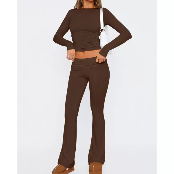 imageBTFBM Women 2 Piece Lounge Sets Fold Over Yoga Pants Long Sleeve Cropped Top Matching Set Two Piece Tracksuit PajamasSolid Coffee