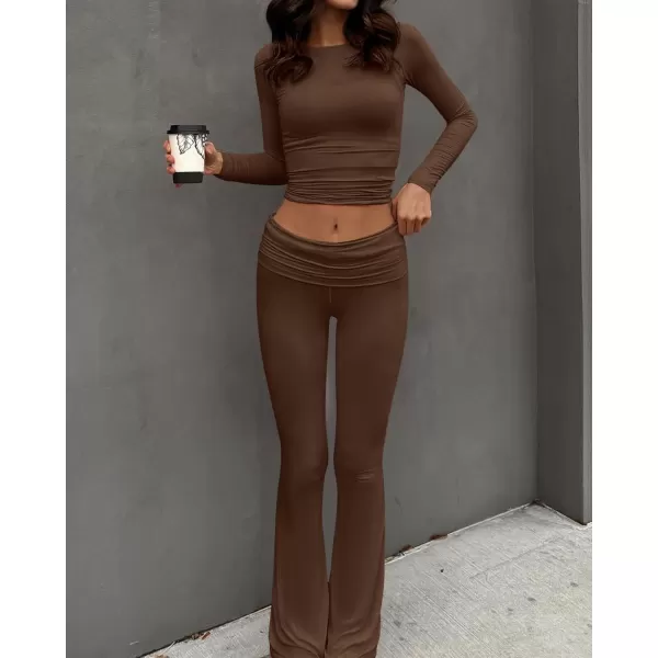 imageBTFBM Women 2 Piece Lounge Sets Fold Over Yoga Pants Long Sleeve Cropped Top Matching Set Two Piece Tracksuit PajamasSolid Coffee
