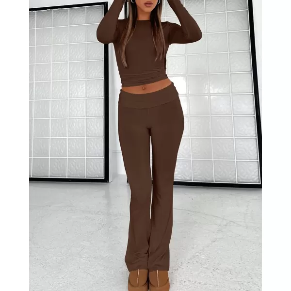 imageBTFBM Women 2 Piece Lounge Sets Fold Over Yoga Pants Long Sleeve Cropped Top Matching Set Two Piece Tracksuit PajamasSolid Coffee