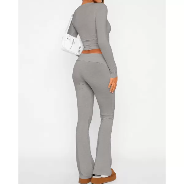 imageBTFBM Women 2 Piece Lounge Sets Fold Over Yoga Pants Long Sleeve Cropped Top Matching Set Two Piece Tracksuit PajamasSolid Grey