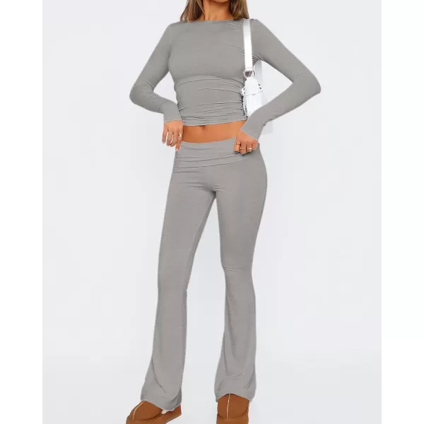 imageBTFBM Women 2 Piece Lounge Sets Fold Over Yoga Pants Long Sleeve Cropped Top Matching Set Two Piece Tracksuit PajamasSolid Grey