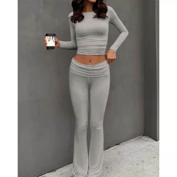 imageBTFBM Women 2 Piece Lounge Sets Fold Over Yoga Pants Long Sleeve Cropped Top Matching Set Two Piece Tracksuit PajamasSolid Grey