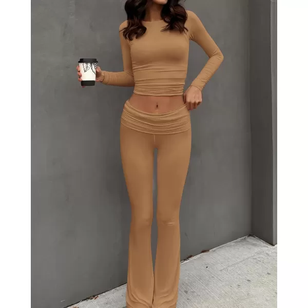 imageBTFBM Women 2 Piece Lounge Sets Fold Over Yoga Pants Long Sleeve Cropped Top Matching Set Two Piece Tracksuit PajamasSolid Khaki