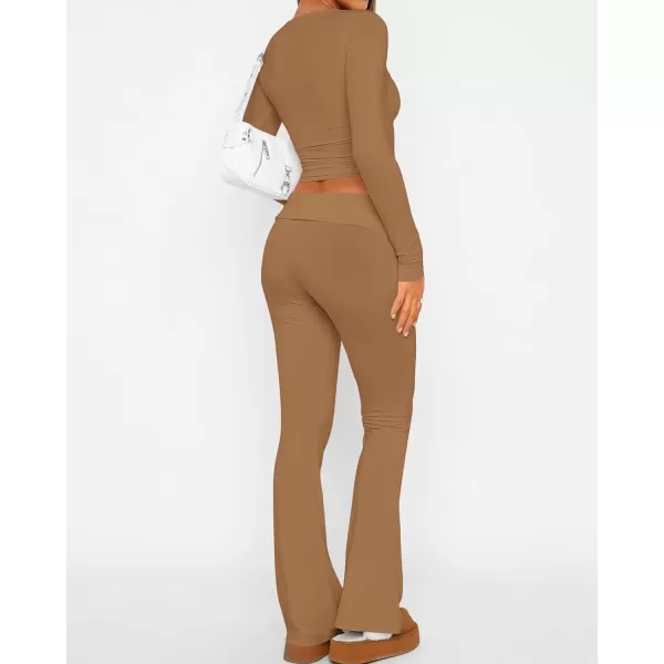 imageBTFBM Women 2 Piece Lounge Sets Fold Over Yoga Pants Long Sleeve Cropped Top Matching Set Two Piece Tracksuit PajamasSolid Khaki