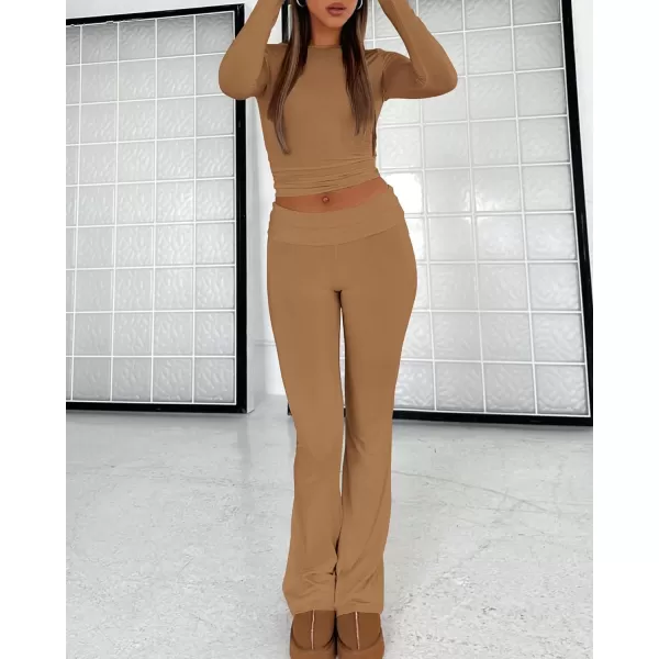 imageBTFBM Women 2 Piece Lounge Sets Fold Over Yoga Pants Long Sleeve Cropped Top Matching Set Two Piece Tracksuit PajamasSolid Khaki