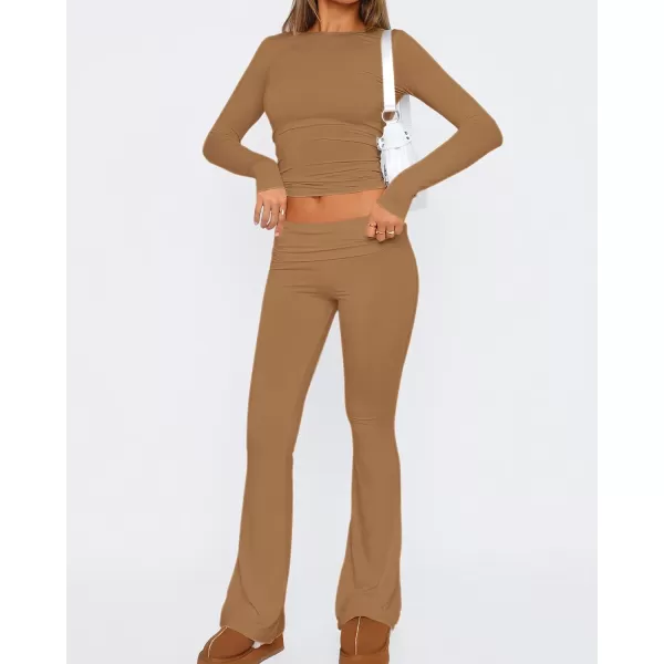 imageBTFBM Women 2 Piece Lounge Sets Fold Over Yoga Pants Long Sleeve Cropped Top Matching Set Two Piece Tracksuit PajamasSolid Khaki