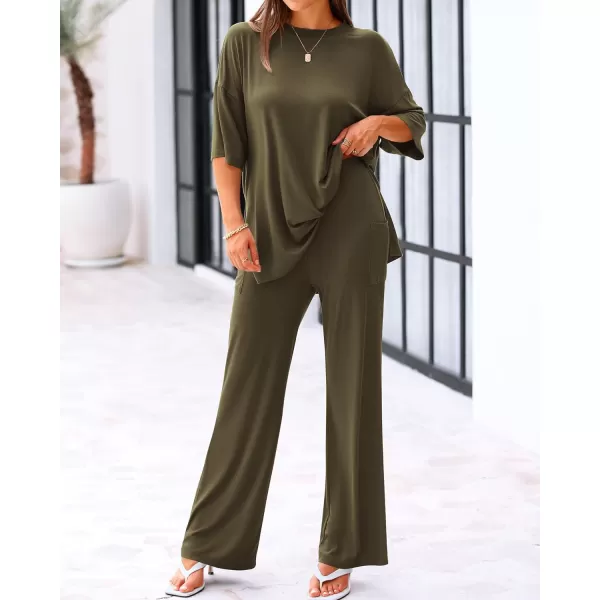 imageBTFBM Women 2 Piece Outfits Casual Loose Slit Short Sleeve Top Wide Leg Pants Matching Lounge Sets Tracksuit With PocketSolid Army Green