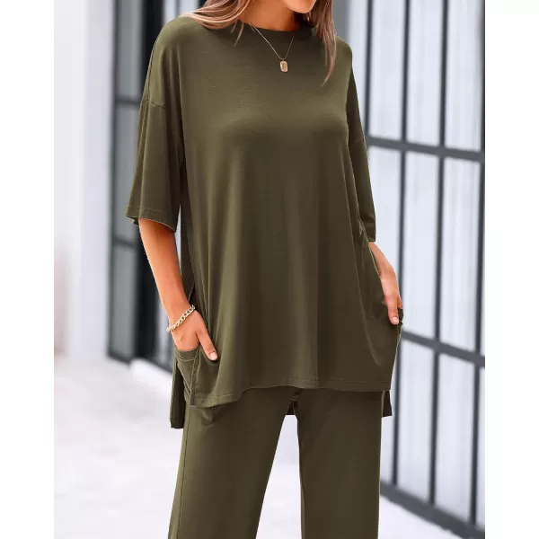 imageBTFBM Women 2 Piece Outfits Casual Loose Slit Short Sleeve Top Wide Leg Pants Matching Lounge Sets Tracksuit With PocketSolid Army Green