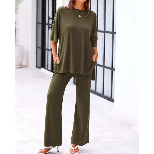 imageBTFBM Women 2 Piece Outfits Casual Loose Slit Short Sleeve Top Wide Leg Pants Matching Lounge Sets Tracksuit With PocketSolid Army Green