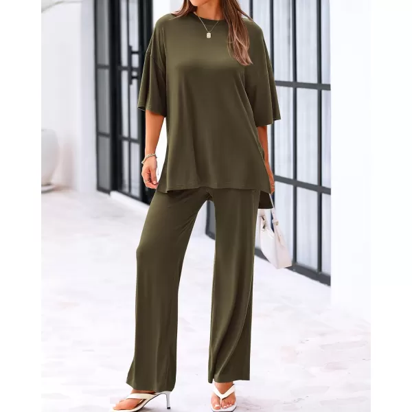 imageBTFBM Women 2 Piece Outfits Casual Loose Slit Short Sleeve Top Wide Leg Pants Matching Lounge Sets Tracksuit With PocketSolid Army Green