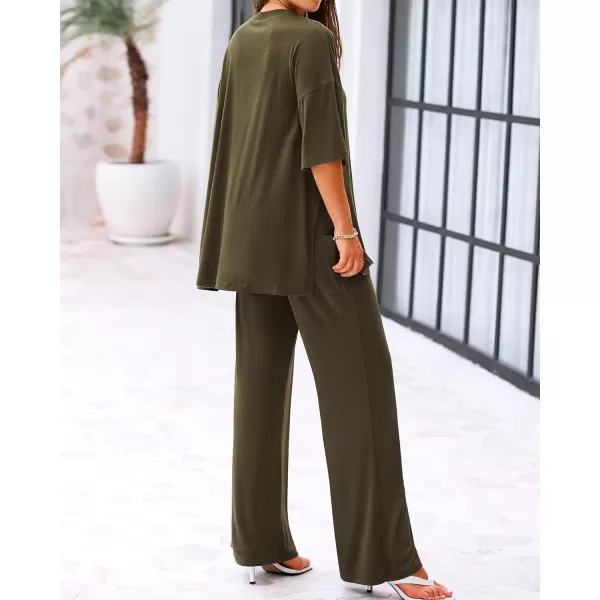 imageBTFBM Women 2 Piece Outfits Casual Loose Slit Short Sleeve Top Wide Leg Pants Matching Lounge Sets Tracksuit With PocketSolid Army Green