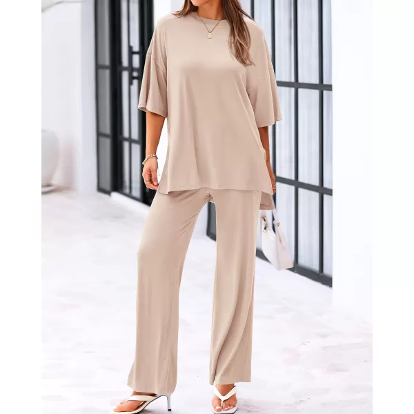 imageBTFBM Women 2 Piece Outfits Casual Loose Slit Short Sleeve Top Wide Leg Pants Matching Lounge Sets Tracksuit With PocketSolid Beige