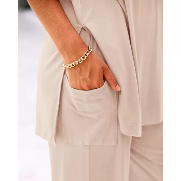 imageBTFBM Women 2 Piece Outfits Casual Loose Slit Short Sleeve Top Wide Leg Pants Matching Lounge Sets Tracksuit With PocketSolid Beige