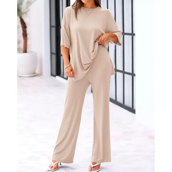 imageBTFBM Women 2 Piece Outfits Casual Loose Slit Short Sleeve Top Wide Leg Pants Matching Lounge Sets Tracksuit With PocketSolid Beige