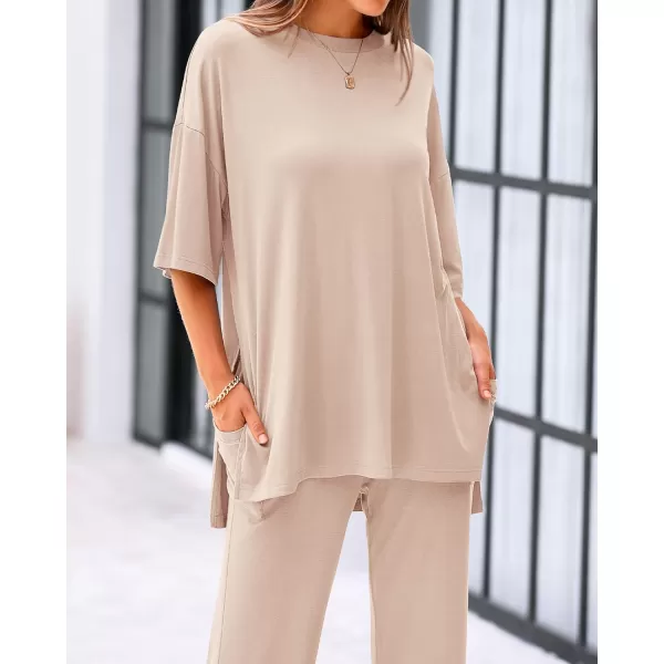imageBTFBM Women 2 Piece Outfits Casual Loose Slit Short Sleeve Top Wide Leg Pants Matching Lounge Sets Tracksuit With PocketSolid Beige