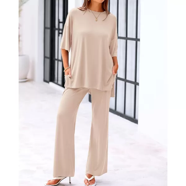 imageBTFBM Women 2 Piece Outfits Casual Loose Slit Short Sleeve Top Wide Leg Pants Matching Lounge Sets Tracksuit With PocketSolid Beige