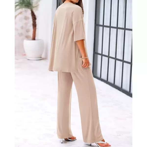 imageBTFBM Women 2 Piece Outfits Casual Loose Slit Short Sleeve Top Wide Leg Pants Matching Lounge Sets Tracksuit With PocketSolid Beige