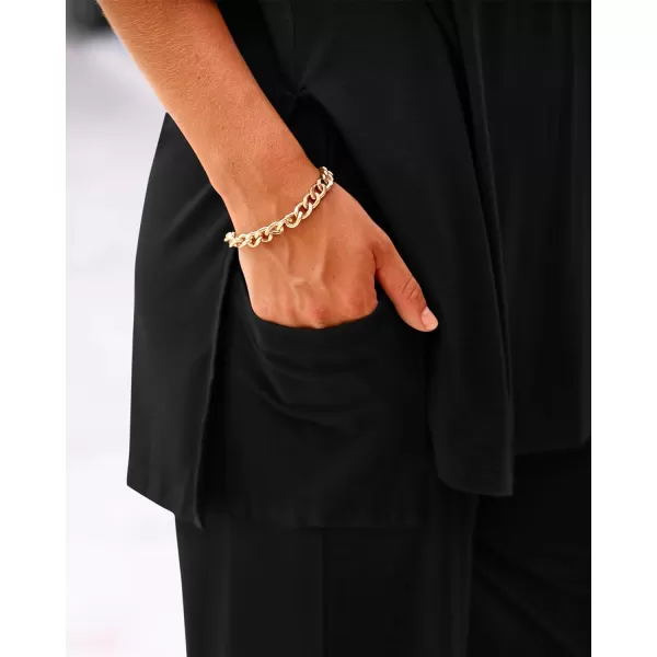 imageBTFBM Women 2 Piece Outfits Casual Loose Slit Short Sleeve Top Wide Leg Pants Matching Lounge Sets Tracksuit With PocketSolid Black