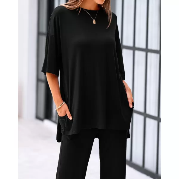 imageBTFBM Women 2 Piece Outfits Casual Loose Slit Short Sleeve Top Wide Leg Pants Matching Lounge Sets Tracksuit With PocketSolid Black