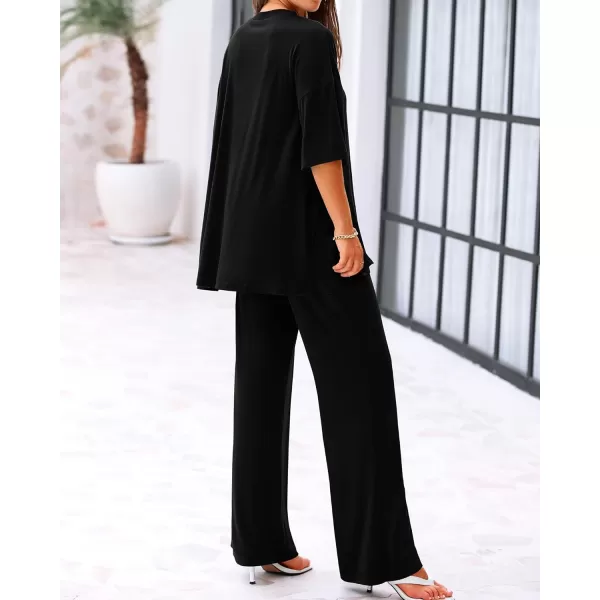 imageBTFBM Women 2 Piece Outfits Casual Loose Slit Short Sleeve Top Wide Leg Pants Matching Lounge Sets Tracksuit With PocketSolid Black
