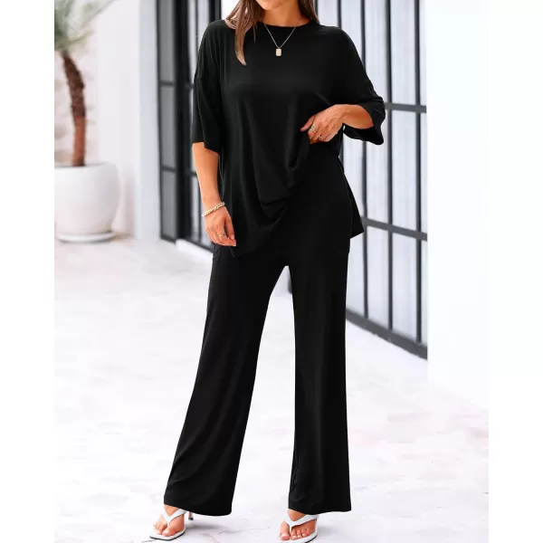 imageBTFBM Women 2 Piece Outfits Casual Loose Slit Short Sleeve Top Wide Leg Pants Matching Lounge Sets Tracksuit With PocketSolid Black