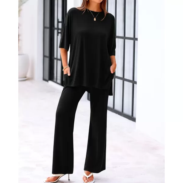 imageBTFBM Women 2 Piece Outfits Casual Loose Slit Short Sleeve Top Wide Leg Pants Matching Lounge Sets Tracksuit With PocketSolid Black