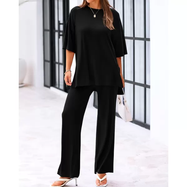 imageBTFBM Women 2 Piece Outfits Casual Loose Slit Short Sleeve Top Wide Leg Pants Matching Lounge Sets Tracksuit With PocketSolid Black
