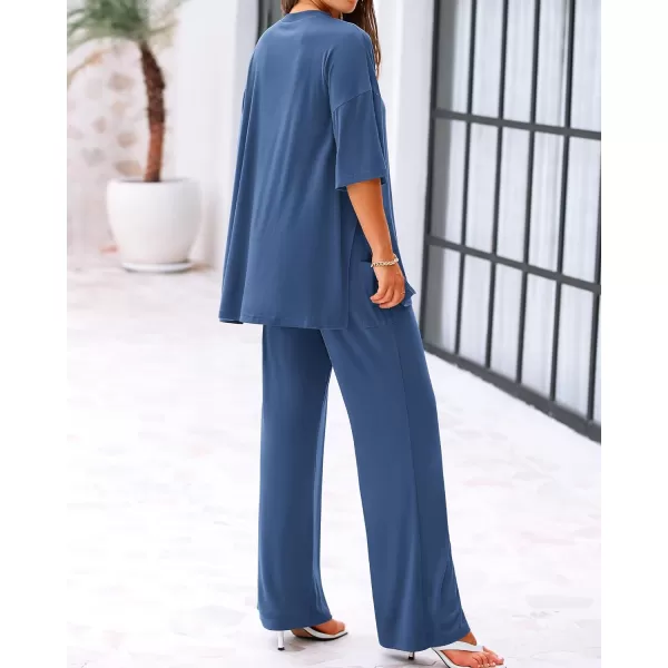 imageBTFBM Women 2 Piece Outfits Casual Loose Slit Short Sleeve Top Wide Leg Pants Matching Lounge Sets Tracksuit With PocketSolid Blue