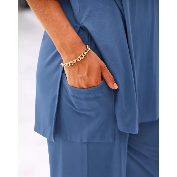 imageBTFBM Women 2 Piece Outfits Casual Loose Slit Short Sleeve Top Wide Leg Pants Matching Lounge Sets Tracksuit With PocketSolid Blue