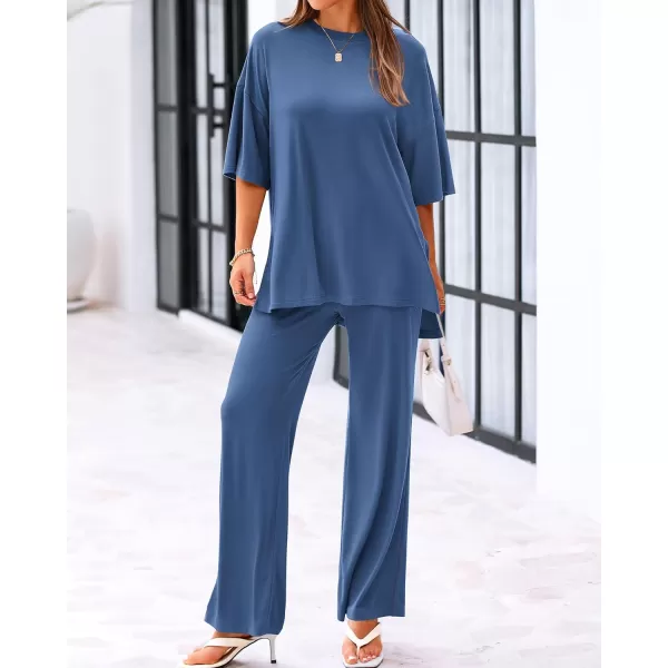 imageBTFBM Women 2 Piece Outfits Casual Loose Slit Short Sleeve Top Wide Leg Pants Matching Lounge Sets Tracksuit With PocketSolid Blue