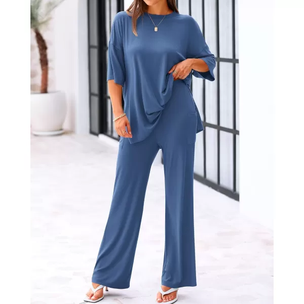 imageBTFBM Women 2 Piece Outfits Casual Loose Slit Short Sleeve Top Wide Leg Pants Matching Lounge Sets Tracksuit With PocketSolid Blue