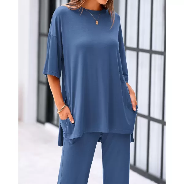 imageBTFBM Women 2 Piece Outfits Casual Loose Slit Short Sleeve Top Wide Leg Pants Matching Lounge Sets Tracksuit With PocketSolid Blue