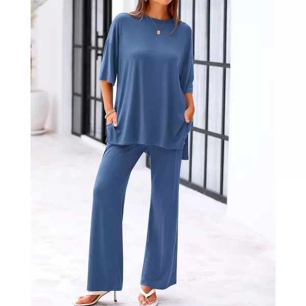 imageBTFBM Women 2 Piece Outfits Casual Loose Slit Short Sleeve Top Wide Leg Pants Matching Lounge Sets Tracksuit With PocketSolid Blue