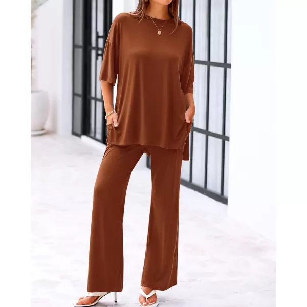 imageBTFBM Women 2 Piece Outfits Casual Loose Slit Short Sleeve Top Wide Leg Pants Matching Lounge Sets Tracksuit With PocketSolid Brown