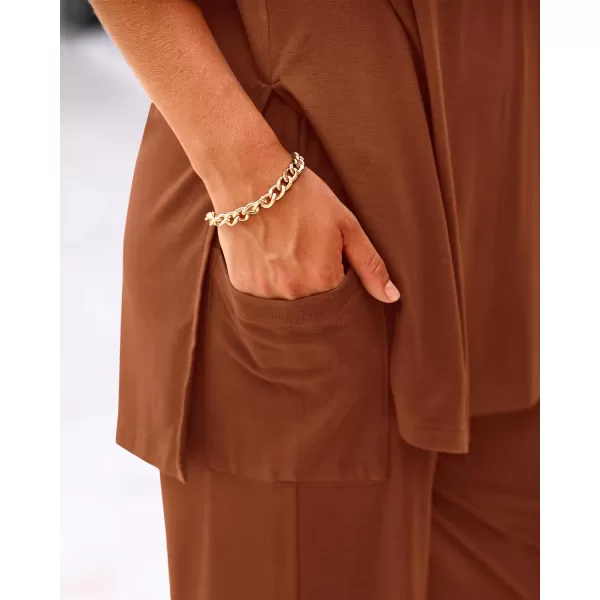 imageBTFBM Women 2 Piece Outfits Casual Loose Slit Short Sleeve Top Wide Leg Pants Matching Lounge Sets Tracksuit With PocketSolid Brown