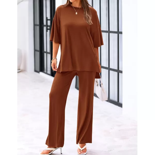 imageBTFBM Women 2 Piece Outfits Casual Loose Slit Short Sleeve Top Wide Leg Pants Matching Lounge Sets Tracksuit With PocketSolid Brown