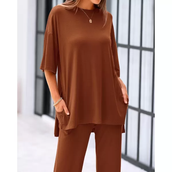 imageBTFBM Women 2 Piece Outfits Casual Loose Slit Short Sleeve Top Wide Leg Pants Matching Lounge Sets Tracksuit With PocketSolid Brown