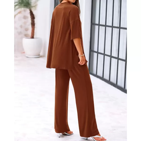 imageBTFBM Women 2 Piece Outfits Casual Loose Slit Short Sleeve Top Wide Leg Pants Matching Lounge Sets Tracksuit With PocketSolid Brown