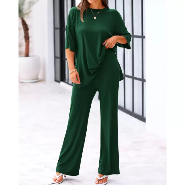 imageBTFBM Women 2 Piece Outfits Casual Loose Slit Short Sleeve Top Wide Leg Pants Matching Lounge Sets Tracksuit With PocketSolid Dark Green