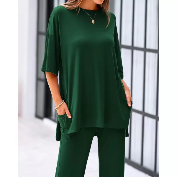 imageBTFBM Women 2 Piece Outfits Casual Loose Slit Short Sleeve Top Wide Leg Pants Matching Lounge Sets Tracksuit With PocketSolid Dark Green