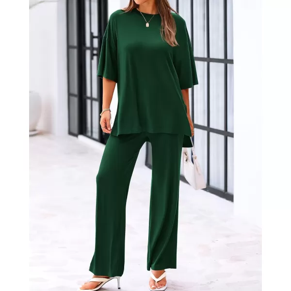 imageBTFBM Women 2 Piece Outfits Casual Loose Slit Short Sleeve Top Wide Leg Pants Matching Lounge Sets Tracksuit With PocketSolid Dark Green